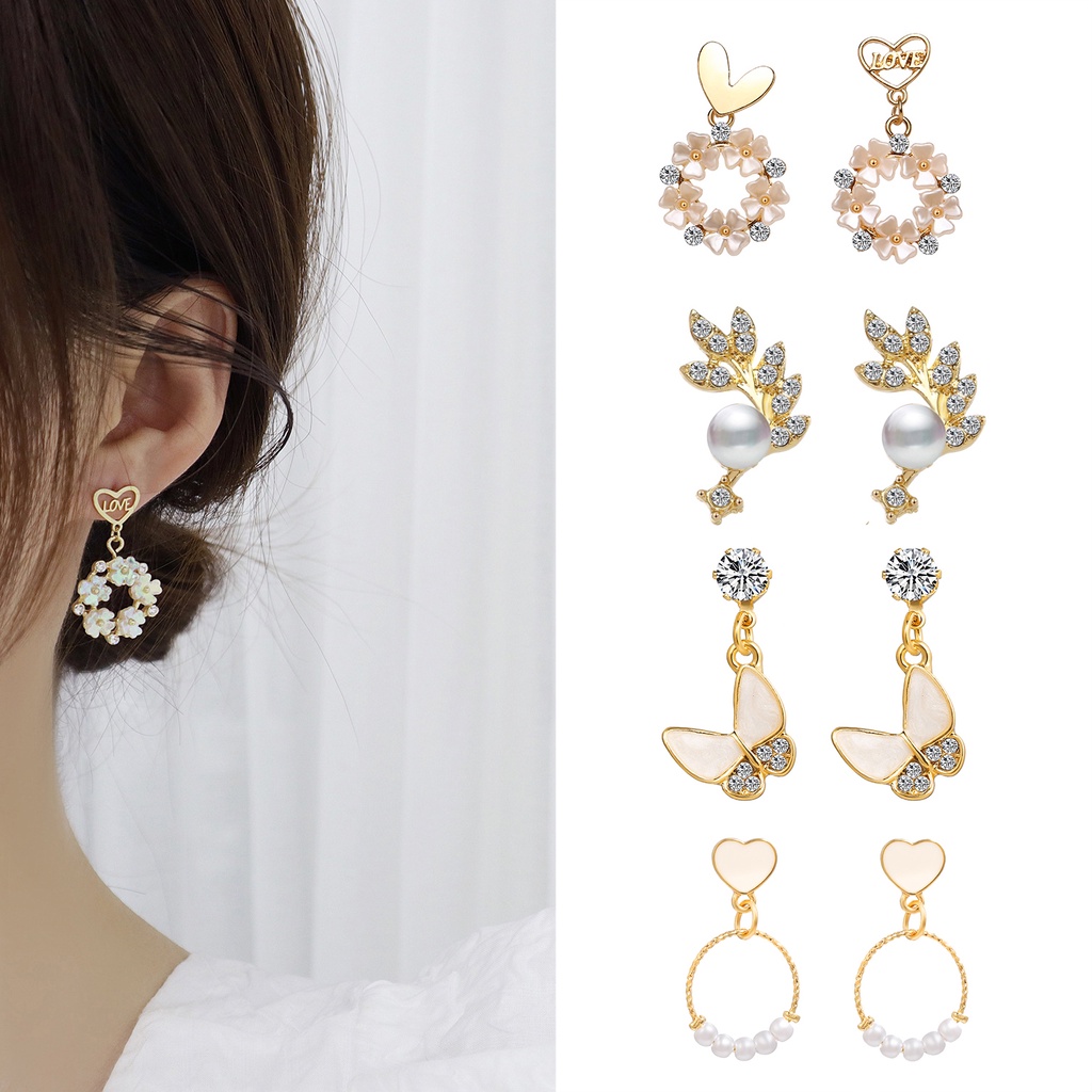 ❤️GTB❤️ 17KM Anting Tusuk Gantung Temperament Desain Hati + Pita + Mutiara Gaya Korea / Elegan 17km Untuk Wanita A059