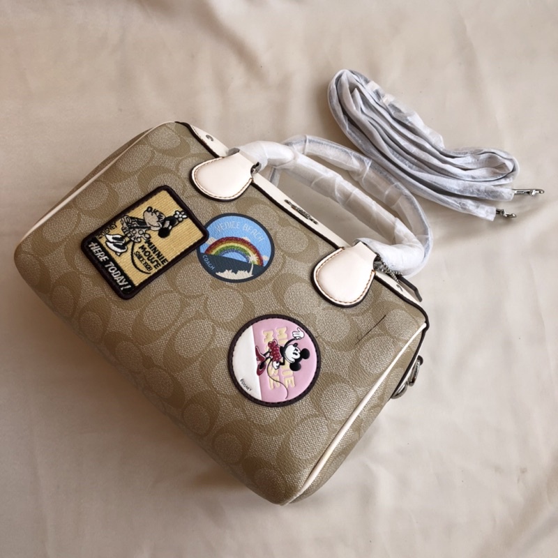 Coach Mini Bennett Satchel Signature Canvas With Minnie Mouse Patches Light Khaki Chalk(F29357)