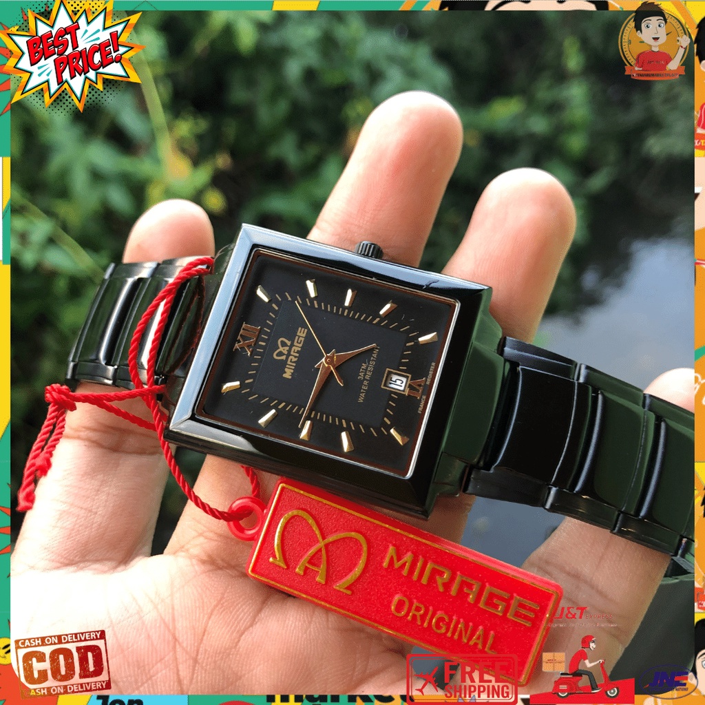 JAM TANGAN MIRAGE HITAM KOTAK ORIGINAL PRIA DAN WANITA ANTI KARAT