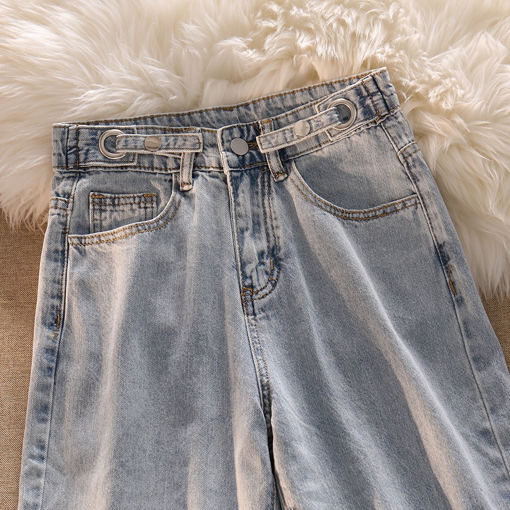 Biru Celana panjang wanita baru slim-fit high-waist straight-leg wide-leg jeans（realpict）