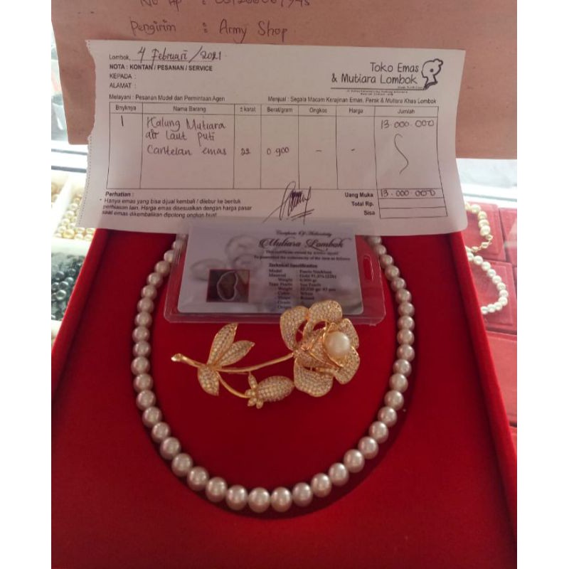 Kalung mutiara air laut lombok asli pengait emas grade A