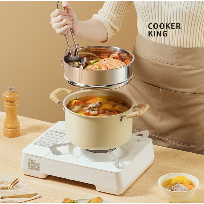 Cooker King Set Panci Granite Coating Anti Lengket Creme Series (isi 3 pcs Panci + Steamer)