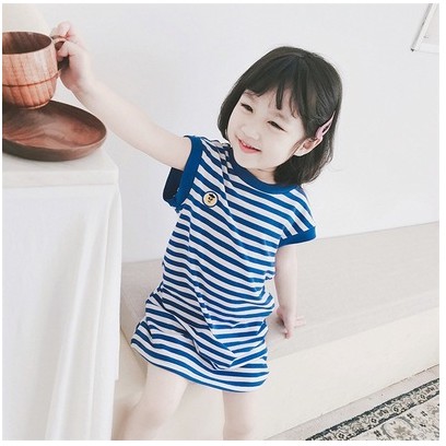 Dress T-shirt Anak Perempuan Tanpa Lengan Motif Strip Biru Import