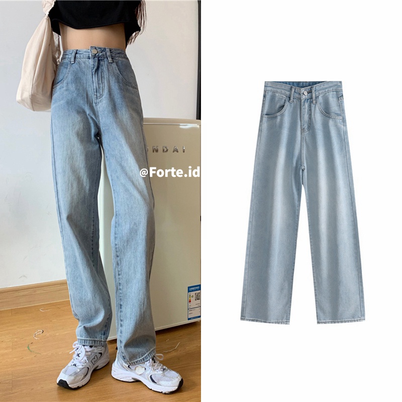 New Korean retro high-waist loose jeans straight-legged wide-legged celana panjang Wanita