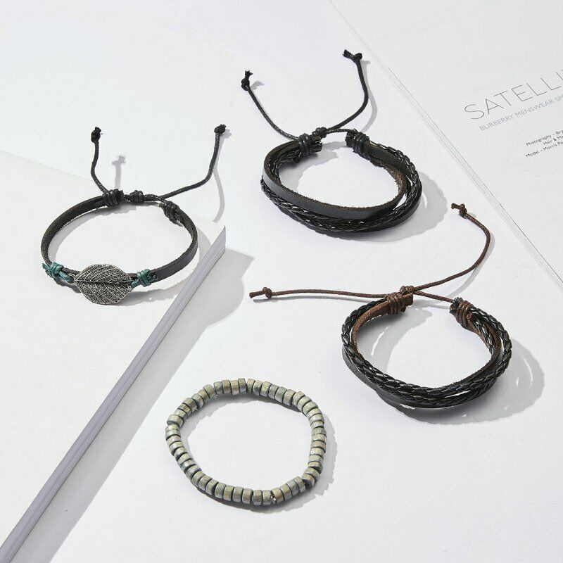 5 / 6pcs Gelang Bangle Cuff Bahan Kulit Hias Manik-Manik Daun Gaya Punk Untuk Pria