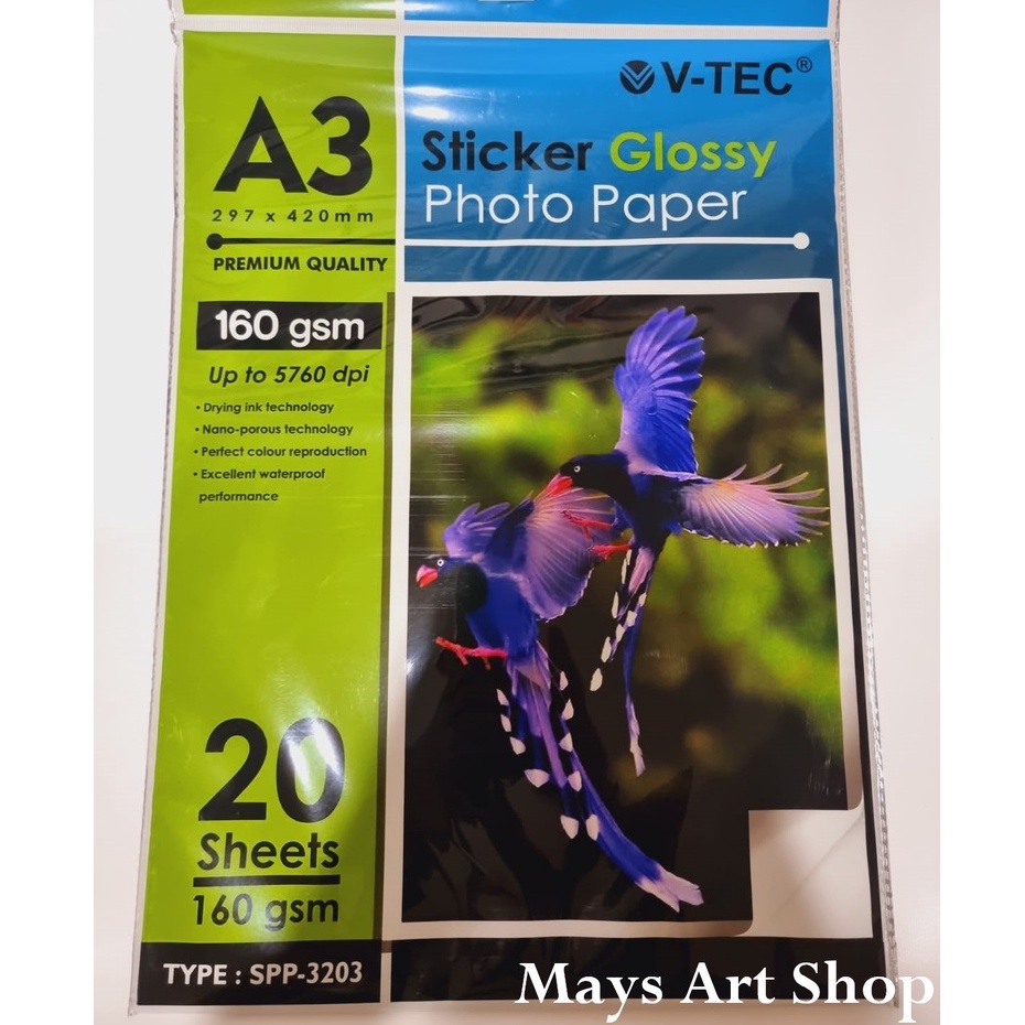 

Sticker Photo Paper Glossy A3 V-Tec 160 gsm / Kertas foto Stiker Vtec Glosy Tipe SPP-3203 160gsm 20 lembar 20 sheet murah