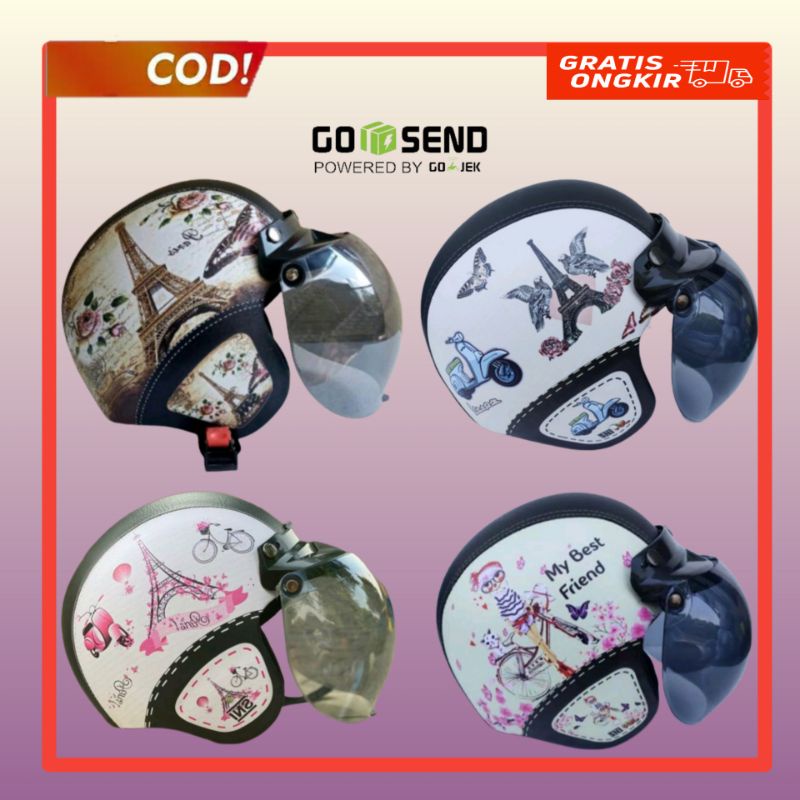 Helm Helem Bogo Retro Kulit Premium SNI Dewasa Remaja Kaca Datar Kaca Cembung Wanita Pria Cewek Cowo