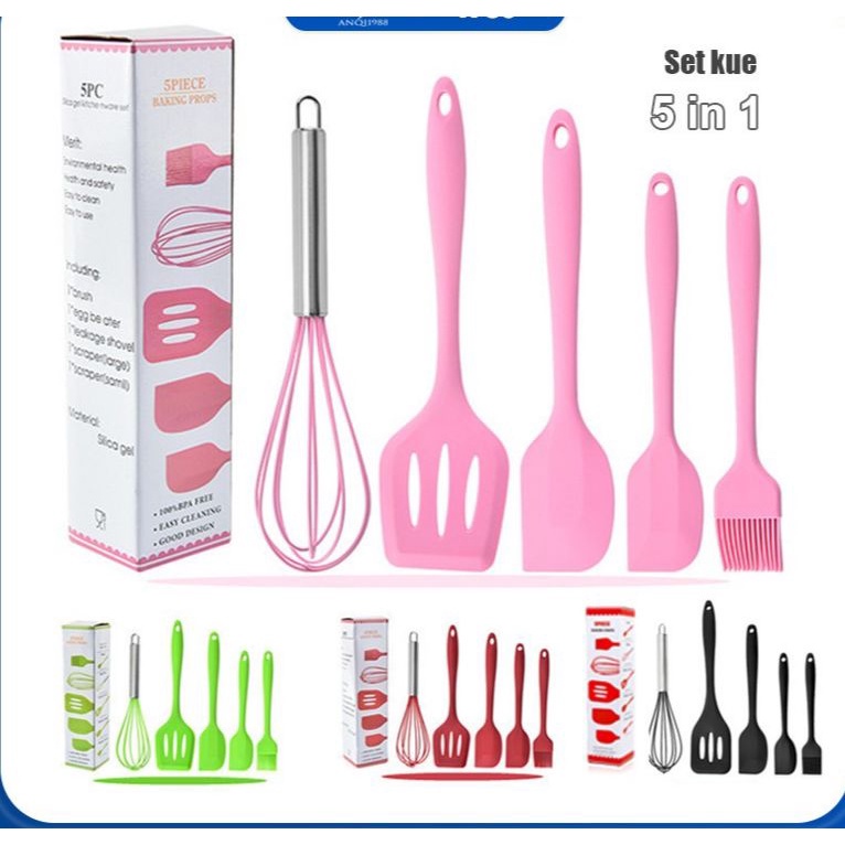 Spatula Set Alat Masak 5 in 1 Sutil Scrap Kocokan Silicone/Silikon Set Alat Masak Silikon (Isi 5 pcs) / Spatula / Sutil Silikon Food Grade Tahan Panas | Baking Props Set 5in1 Spatula Silikon SERBAGUNA/Spatula 3in1