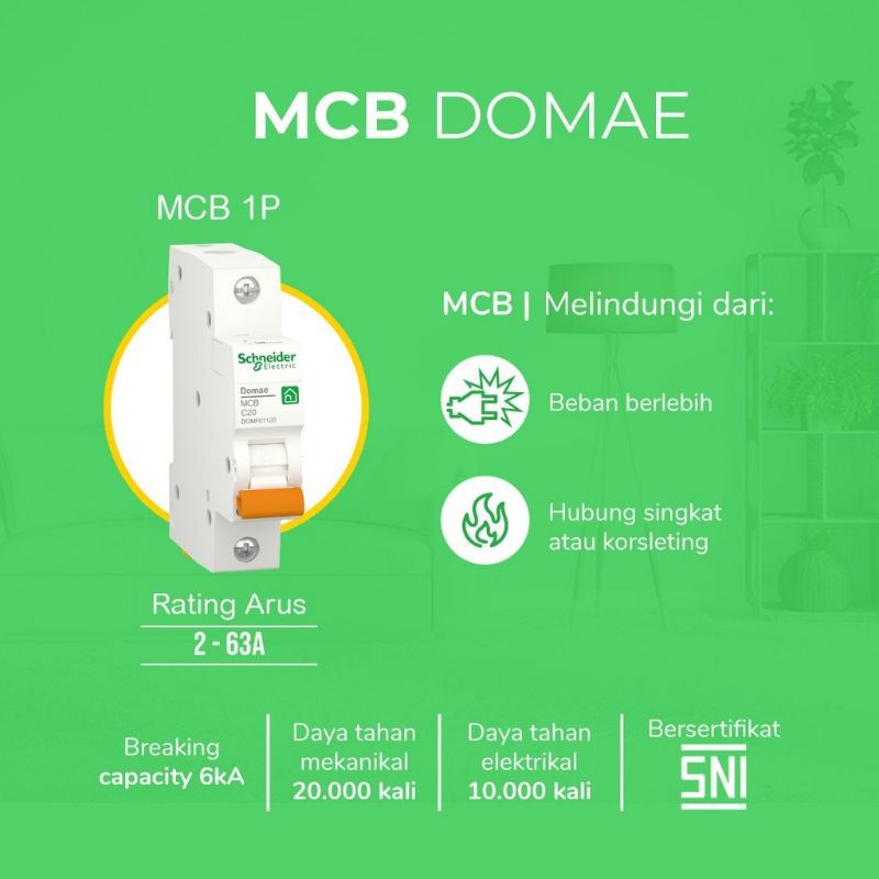 Schneider MCB Domae 1P Phase 2A, 4A, 6A, 10A, 16A, 20A, 25A, 32A Amper Ampere ORIGINAL SNI