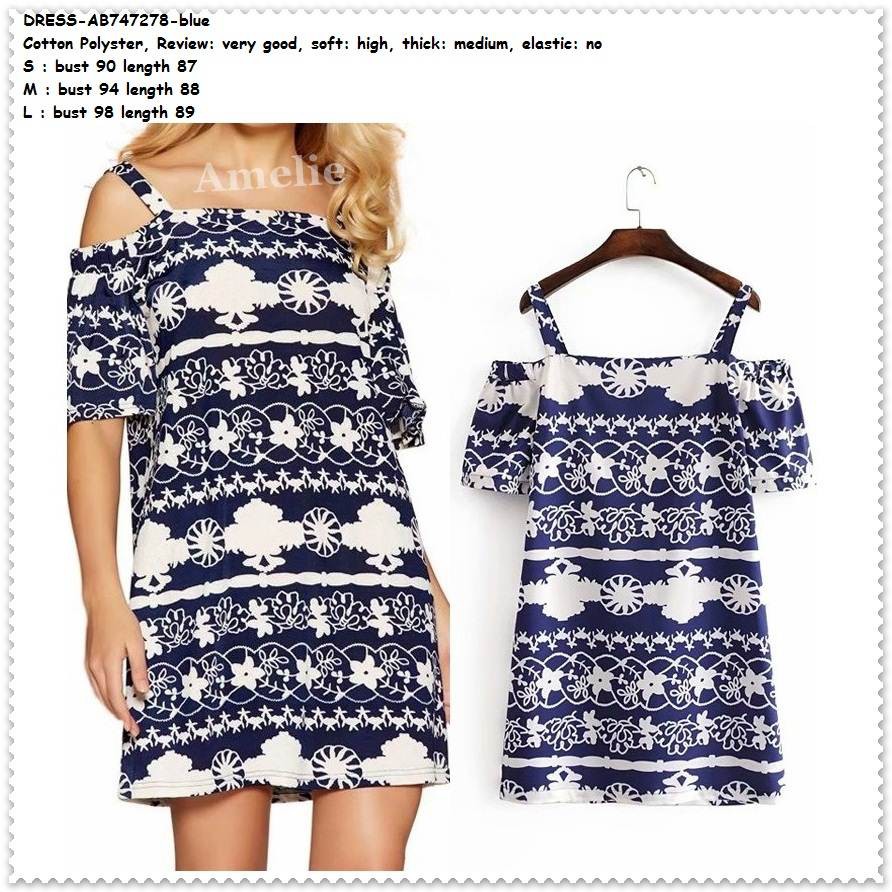 AB747278  Baju Mini Dress Sabrina Etnik Wanita Korea Import Biru Putih