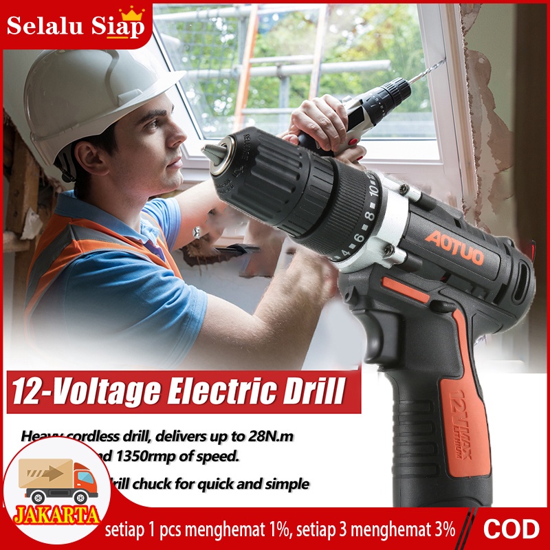 12V Bor Mesin Elektrik Drill 10mm Set Reversible Mesin Bor Tangan Listrik