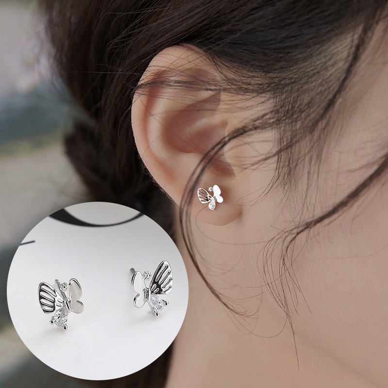 Butterfly Anting Tusuk Desain Kupu-Kupu Hollow Hias Mutiara + Berlian Untuk Wanita