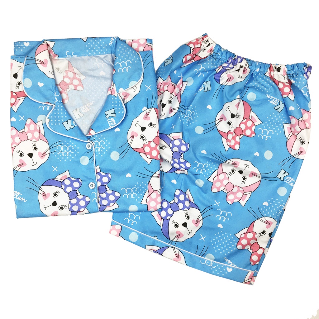 Setelan Piyama Dewasa Celana Pendek Lengan Pendek Hotpant All Size-HPL KITTEN BLUE