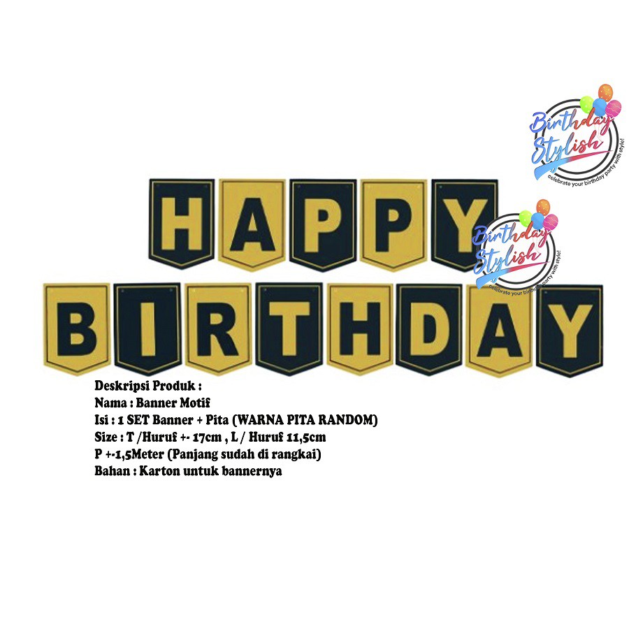 Banner Black Gold/ Baner Happy Birthday Anak/ Bunting Flag Ultah Black Gold/ Baner Hitam Emas Ultah