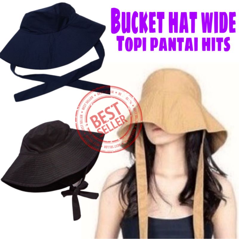 Bucket Hat Wide aksen tali Topi bucket Selegram Terlaris Topi pantai Topi bucket Daun lebar