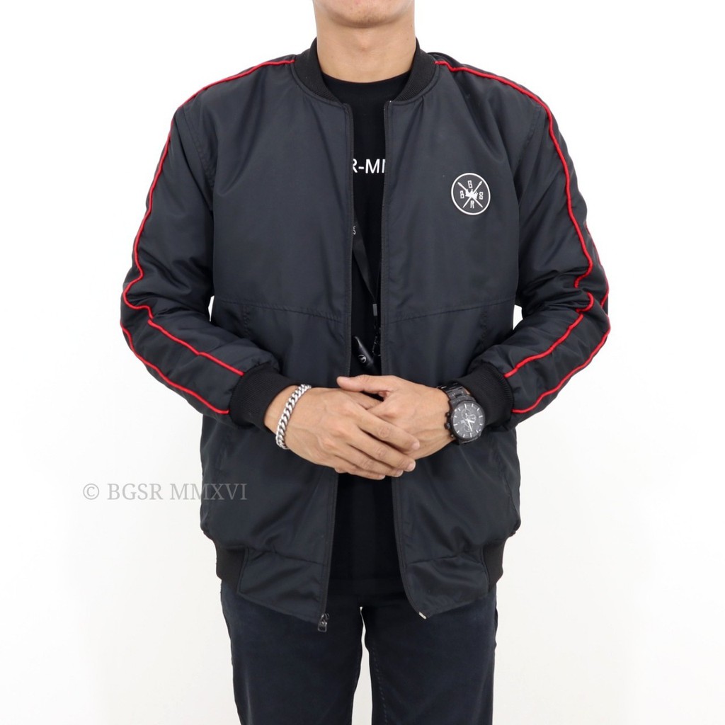 BGSR Jaket Bomber Bulat List Hitam Jaket Parasut Pria