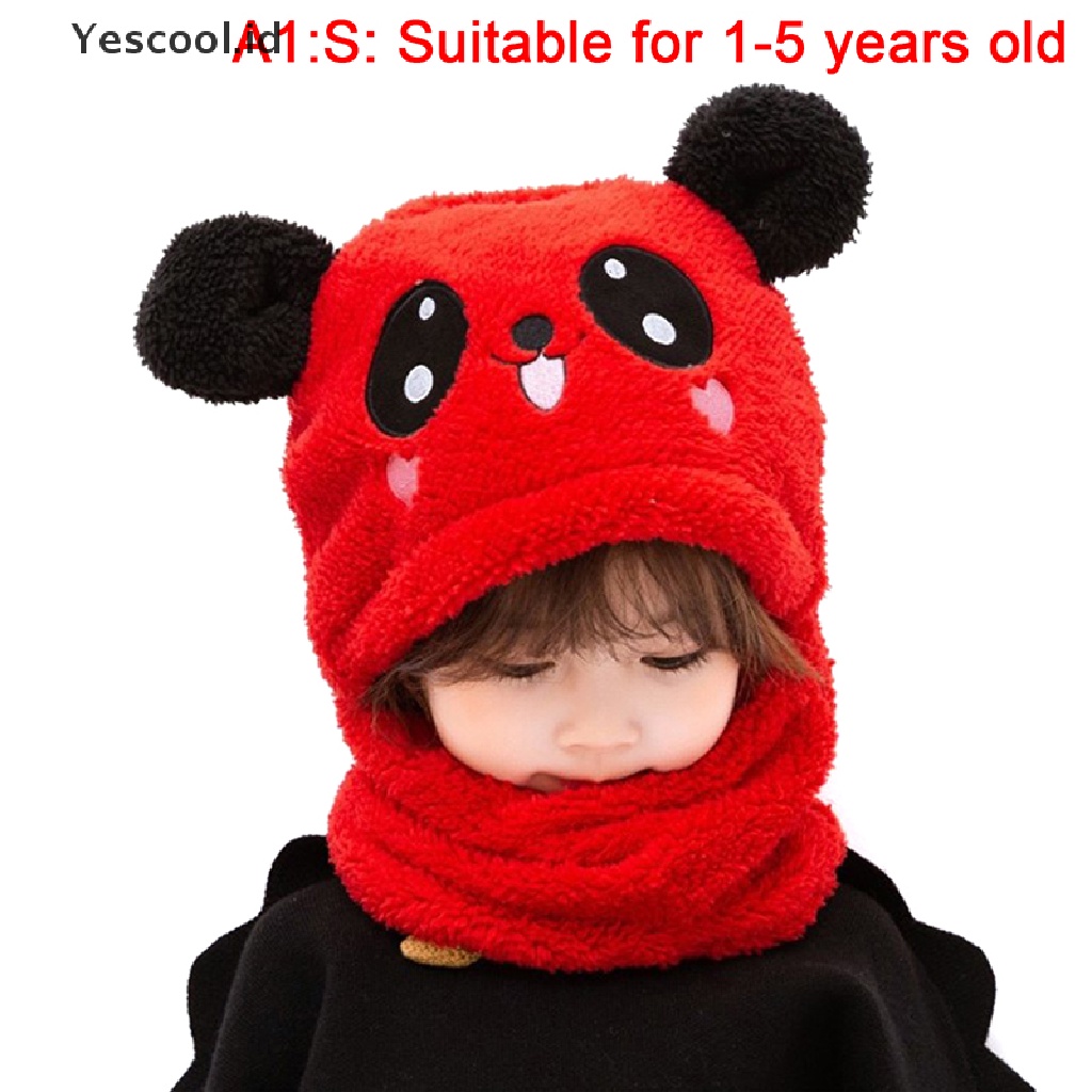 (Yescool) Topi Kupluk + Syal Anak Laki-Laki / Perempuan Musim Dingin Motif Kartun Bahan Fleece