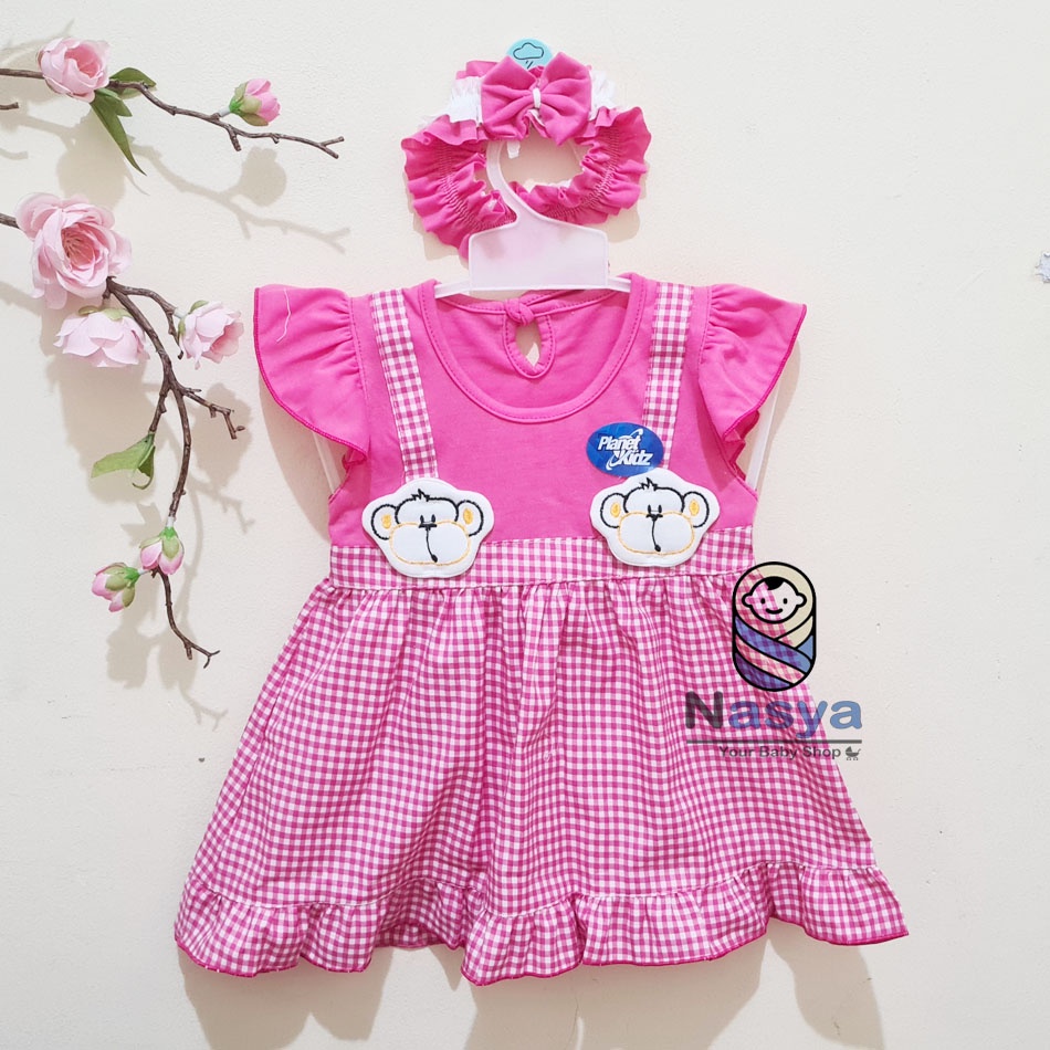 [P-015] Baju Bayi Model Dress MURAH baby girl (0-6 bulan) + Bandana-Monyet pink-pink