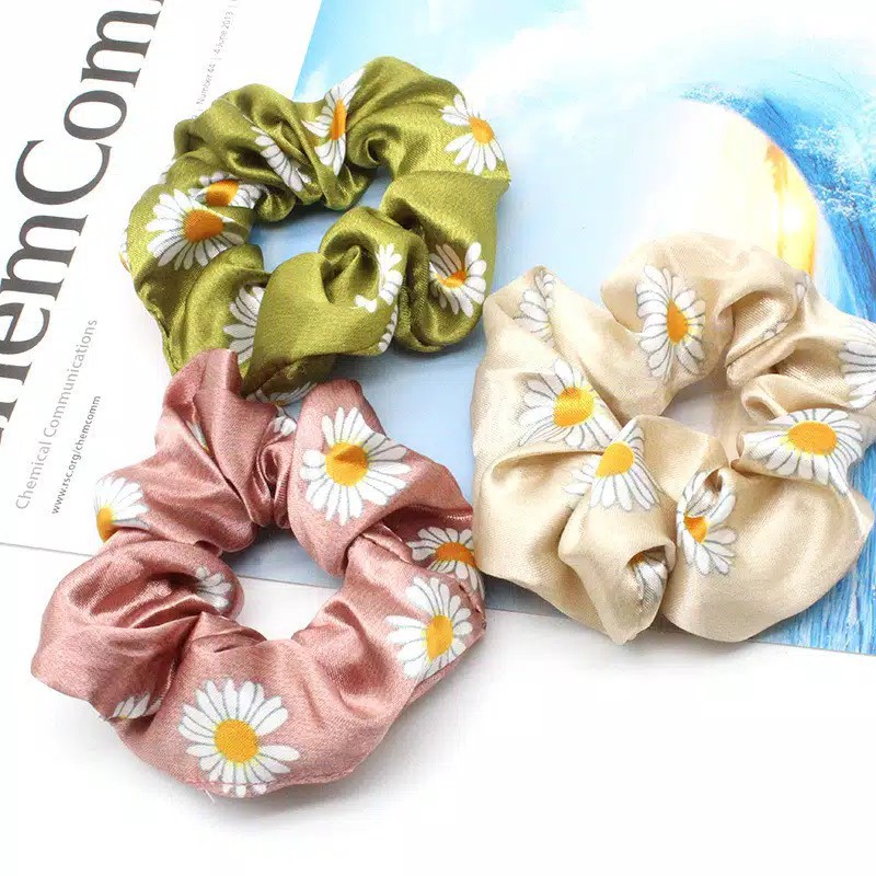 Ikat Rambut MF113 Korea Fashion Motif Scrunchie Satin Bunga Tali Aksesoris Karet Korea