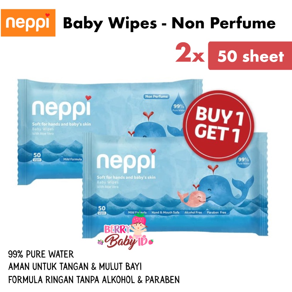 Neppi Beli 1 Gratis 1 Baby Wipes 50 Sheet Tisu Basah Neppi Non Alkohol Berry Mart