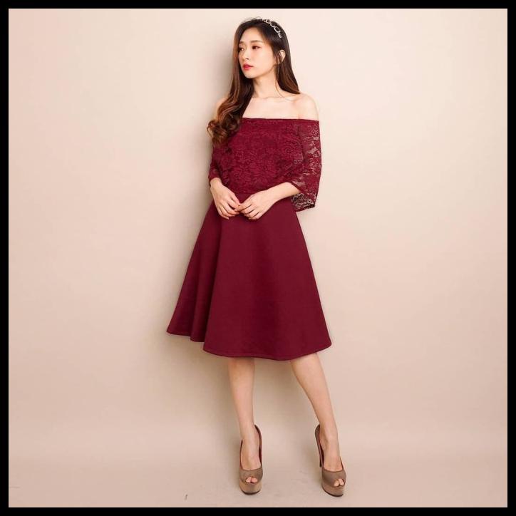 Hot Sale Real Pict Januera Dress (Ds-029) Brokat Import Scuba Tebal Adem Nyaman - Maroon