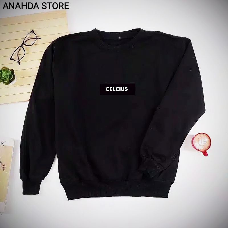 jaket celcius crewneck sweater black sablon celcius putih code D8233CE ready