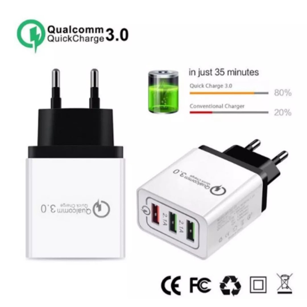 Charger Casan Original Miror Lake PPS Digital Display 18+Kabel Data Micro USB 3 Port USB Qualcomm 3.0 QuikCharge Charger Adaptor 5.1A Input Output Kepala Adapter Charger Original Fast Charging