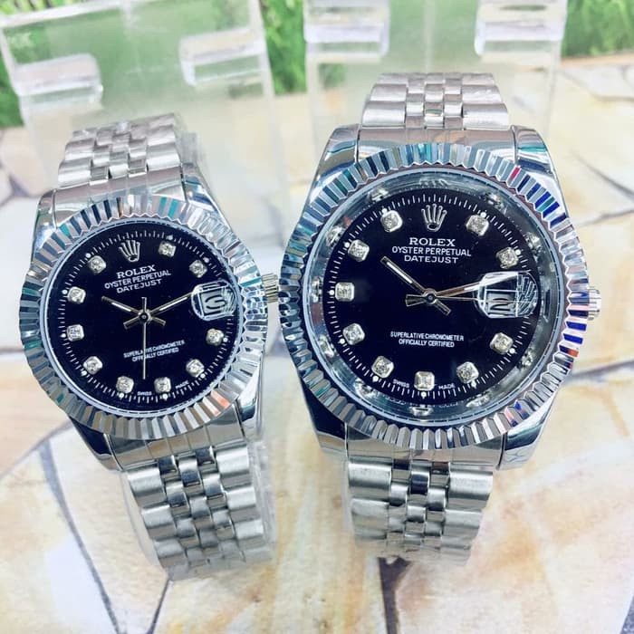 COD / Jam Tangan Analog Couple ROLEX Fitur Tanggal Aktif Strap Rantai Free Box Original & Baterai
