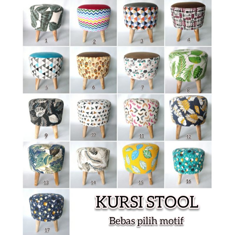 kursi stool bulat / sofa stool kanvas kaki kayu jati / sofa bulat jamur bebas pilih motif