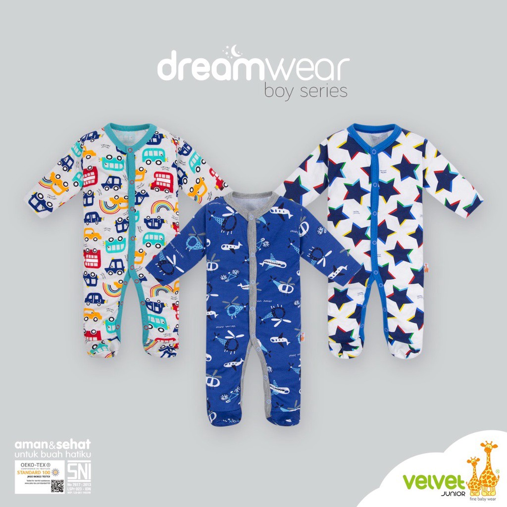 Sleepsuit VELVET DREAMWEAR TUTUP Kaki NB S M L BOY &amp; GIRL TERTUTUP sleep suit dream wear new born