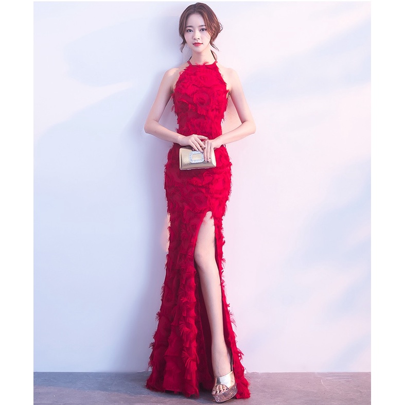 T1023 Gaun Import Midi Maxi Gaun Pesta Gaun Sangjit Party Dress Merah Maroon S - 3XL Jahit Custom