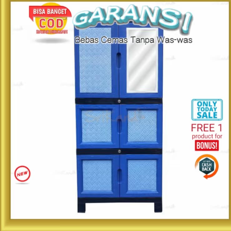 Lemari Pakaian Kaca 4 Susun Plastik 3 Pintu Anti Rayap