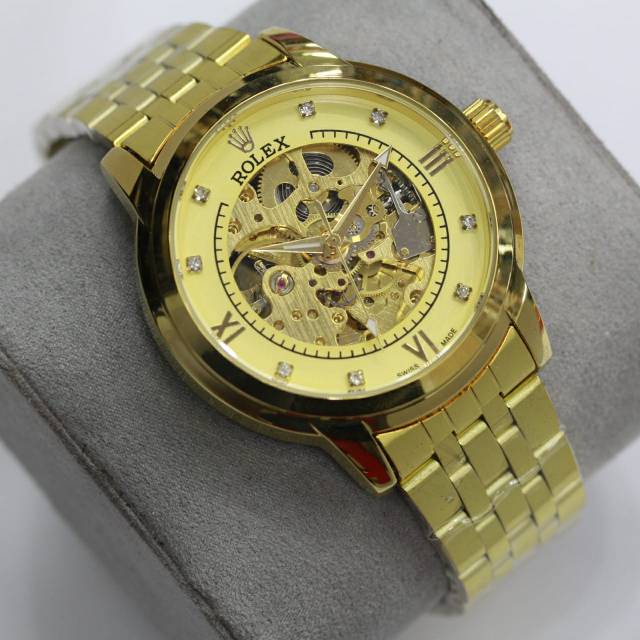 Jam Tangan Rolex Skeleton Automatic Stainless Steel Gold
