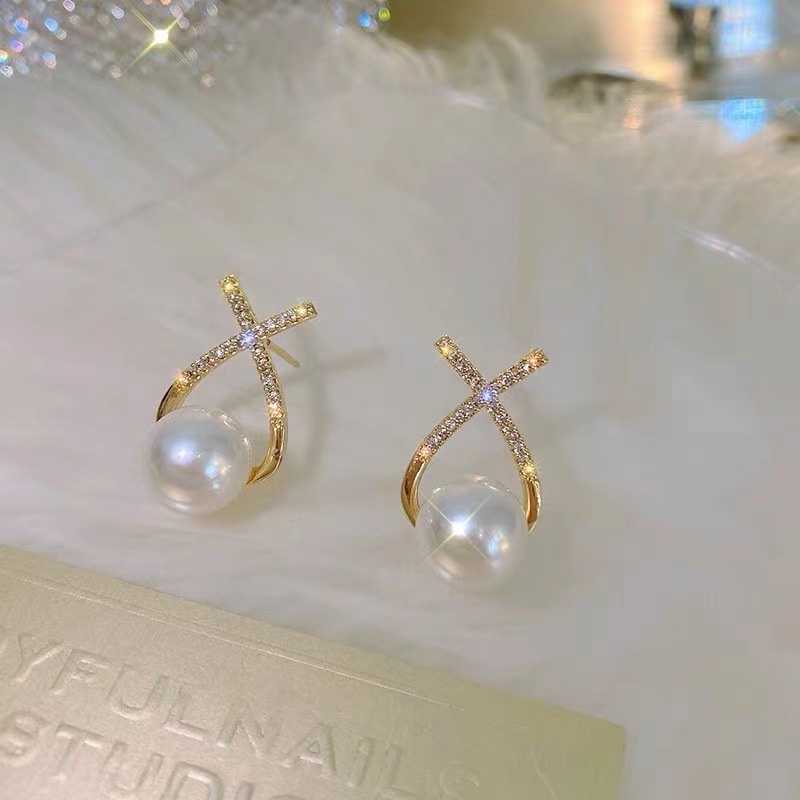 Anting Tusuk Motif Huruf X Hias Mutiara Imitasi Ala Perancis Untuk Wanita ACKER