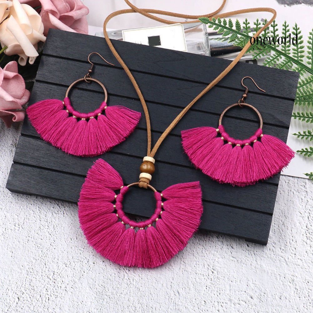 OW@ Bohemian Women Round Pendant Fringe Tassel Rope Necklace Earrings Jewelry Set