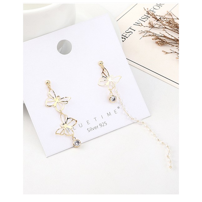 LRC Anting Tusuk Fashion Gold Plated Gold Asymmetrical Small Butterfly S925 Silver Needle Earrings Y62992