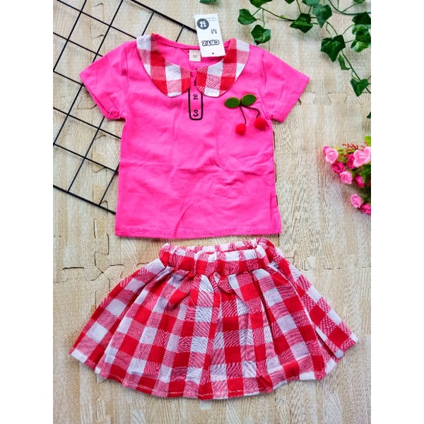 [0-4t] baju anak perempuan setelan celana pendek katun import 0-4 tahun MOTIF RENDA CHERRY / baju setelan celana anak cewek import kondangan motif CHERRY