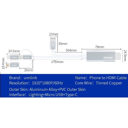 USB Type C Micro USB  Lightning to HDMI Mirror Cast Cable MHL with Bluetooth Audio - UN30 - Black