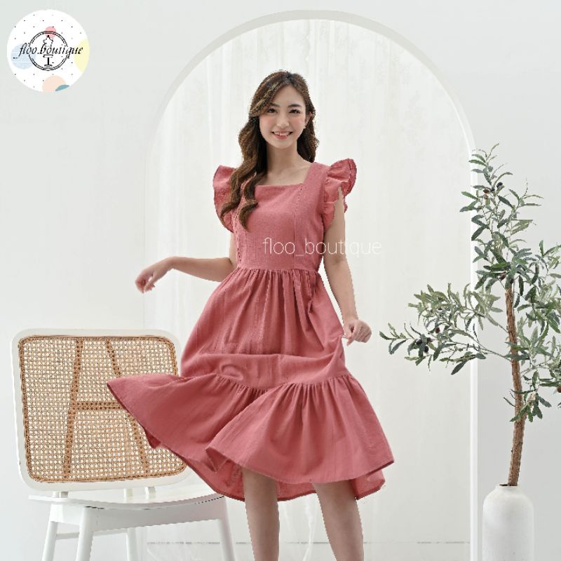 Floo Boutique - JULIA DRESS - DRESS RUFFLE LINEN DRESS POLOS CASUAL SUMMER DRESS MIDI KOREAN LOOK