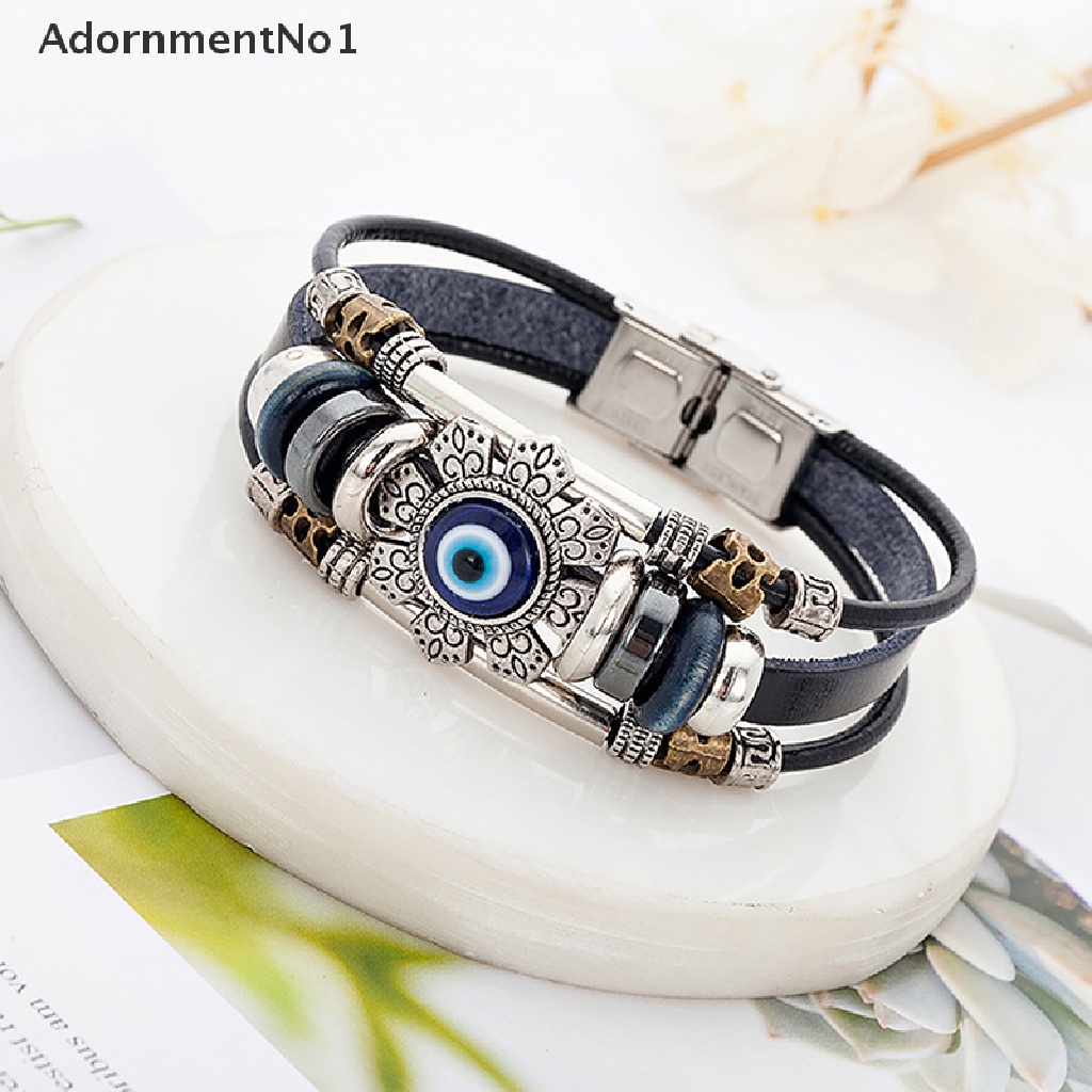 (AdornmentNo1) Gelang Tangan Tali Kulit Banyak Lapis Aksen Mata Iblis Gaya Turki Handmade Untuk Wanita