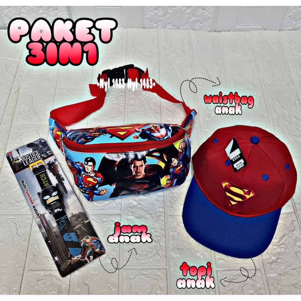 3 in 1 Paket Hemat Anak Waistbag anak karakter_topi anak_jam tangan anak Superman poto Realpict