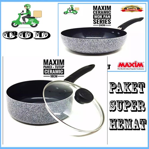 Maxim 2pcs Neostone Wajan Panci Saucepan 18 Cm + depwok 24cm Ceramic Marble Anti Lengket + Tutup Kaca