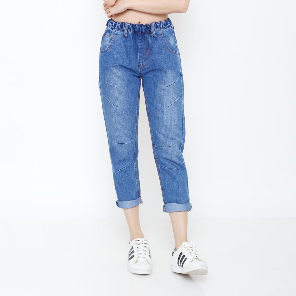 HOPYLOVY Celana  Boyfriend  Jeans Pinggang  Karet  Comfy 