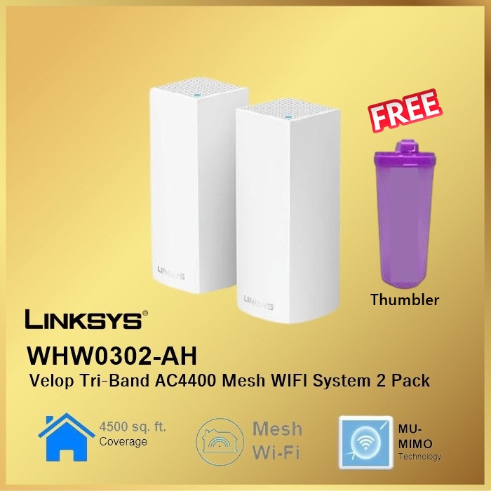 Linksys VELOP WHW0302-AH AC4400 Whole Home Mesh Wi-Fi WHW03002 Pack 2