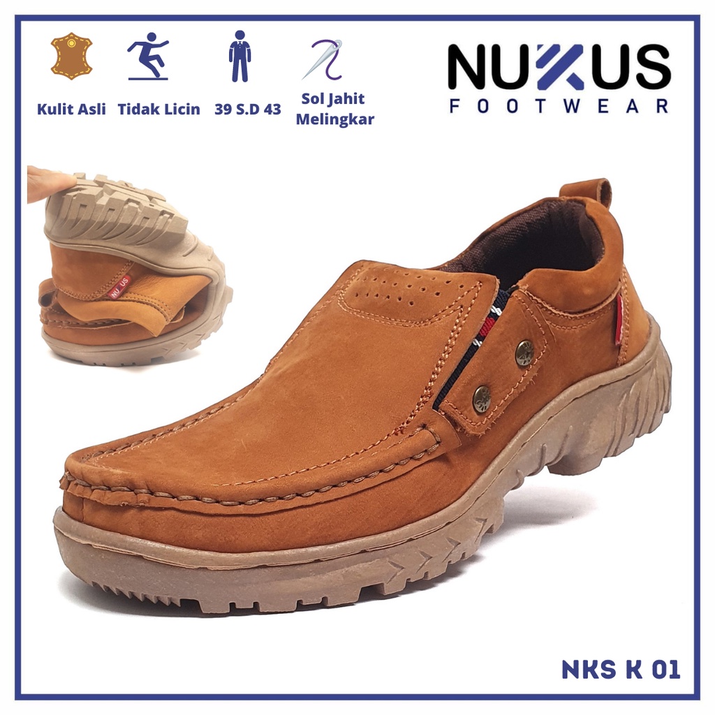 Nukus Footwear Sepatu Kasual Kulit Nubuck Slip On Pria Cokelat Tan - NKS K 01 JH