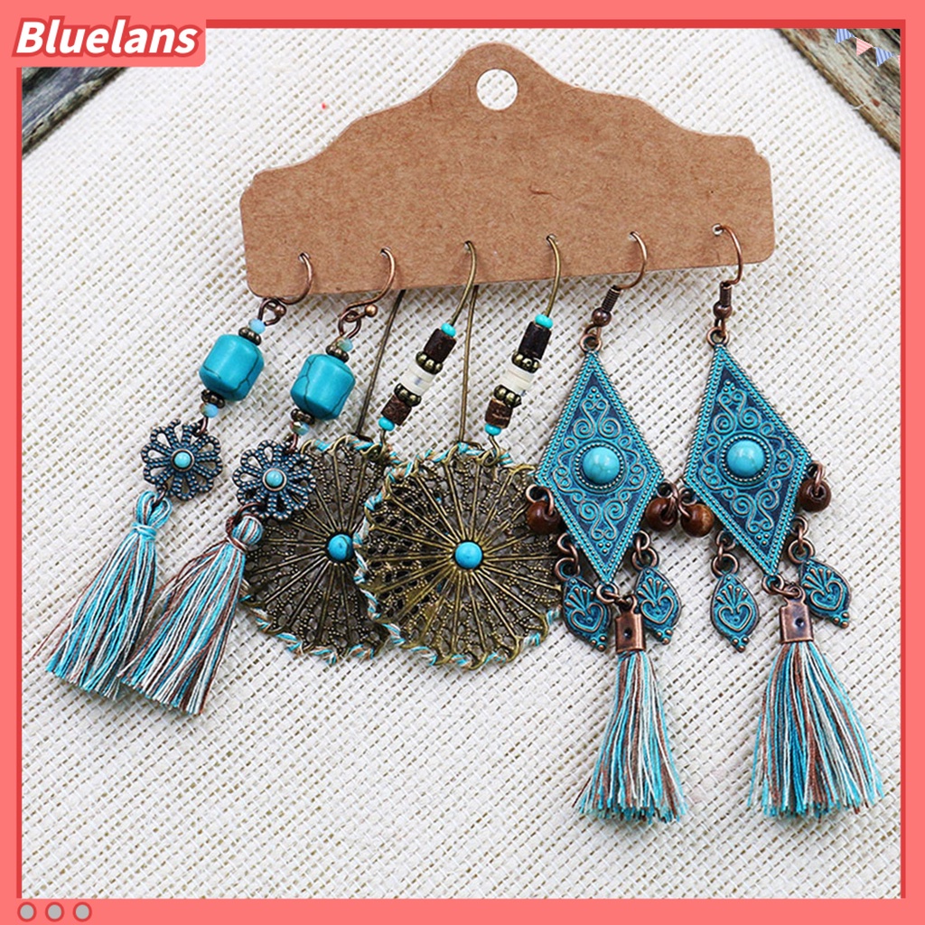 Bluelans 3 Pasang Anting Kait Gantung Wanita Desain Geometri Hias Rumbai Bahan Alloy Gaya Bohemian