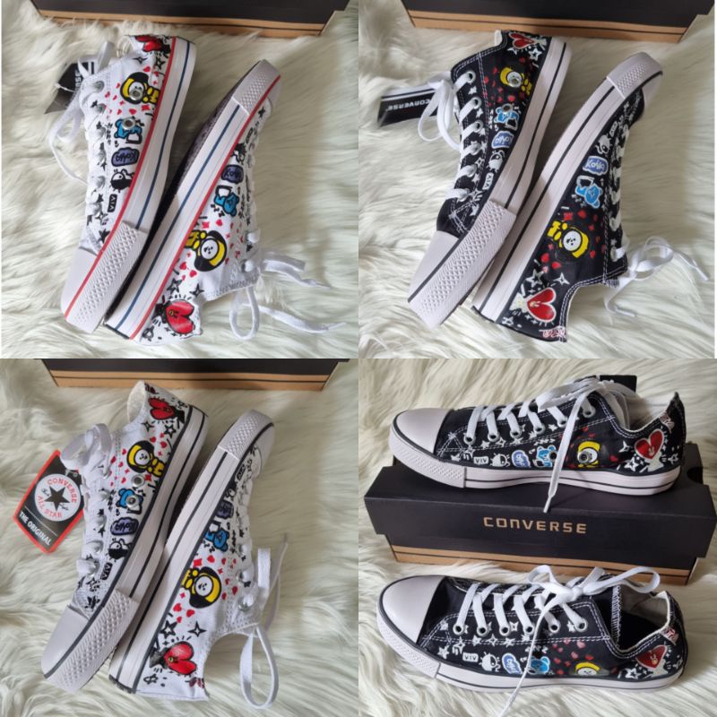 Sepatu Converse BTS BT21 Anak dan Dewasa Karacter putih list merah dan Putih list hitam