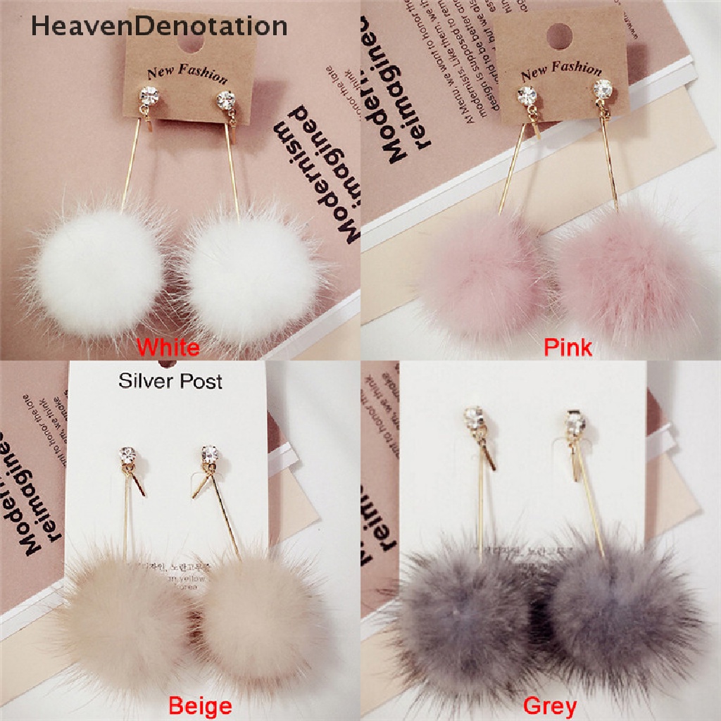 Anting Stud Panjang Desain Bola Pompom Bulu Lembut Untuk Wanita