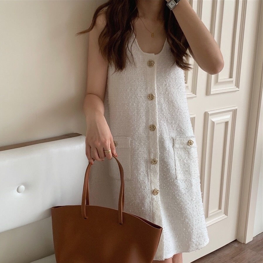 (FIFELS) D10782 Gaun Kerah U Tanpa Lengan Susan Casual Tweed Flare Dress Fashion Import