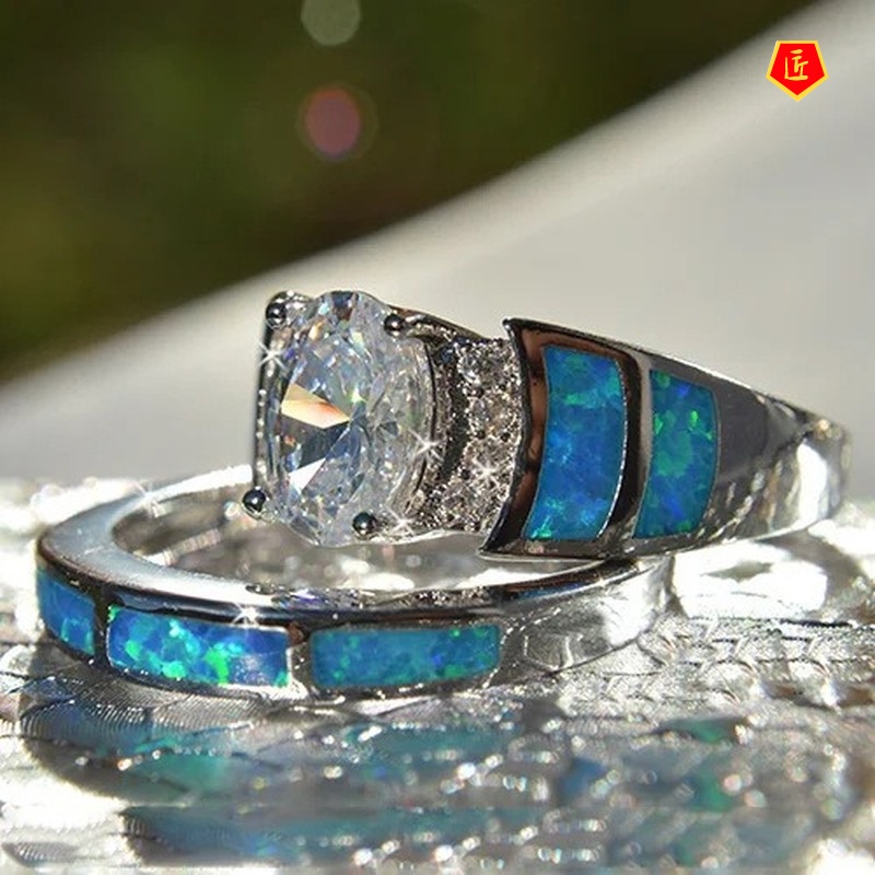 [Ready Stock]Luxury Fashion Blue Opal Inlaid Diamond Ring Set